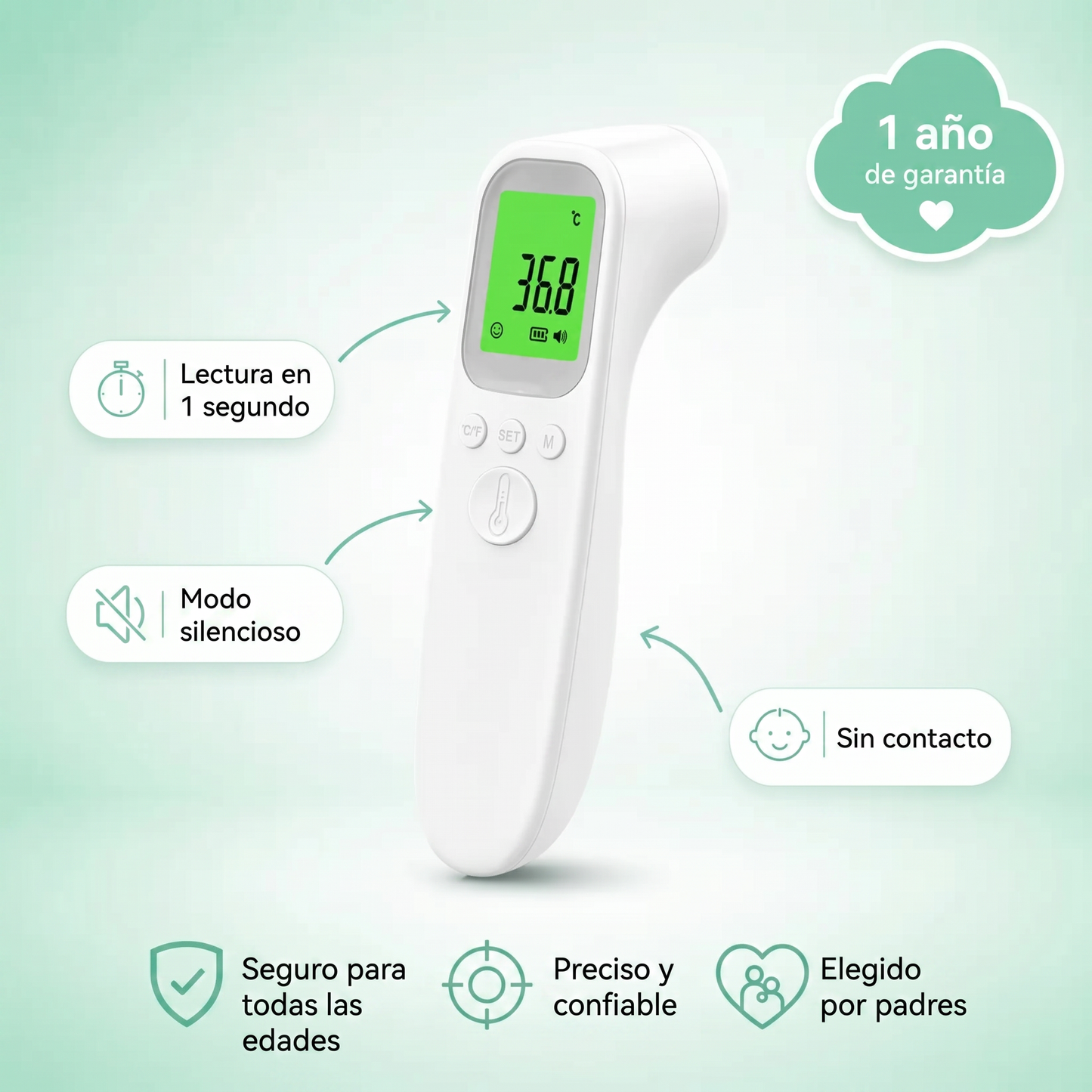 Hushtemp | Termómetro infrarrojo de frente para bebés y niños